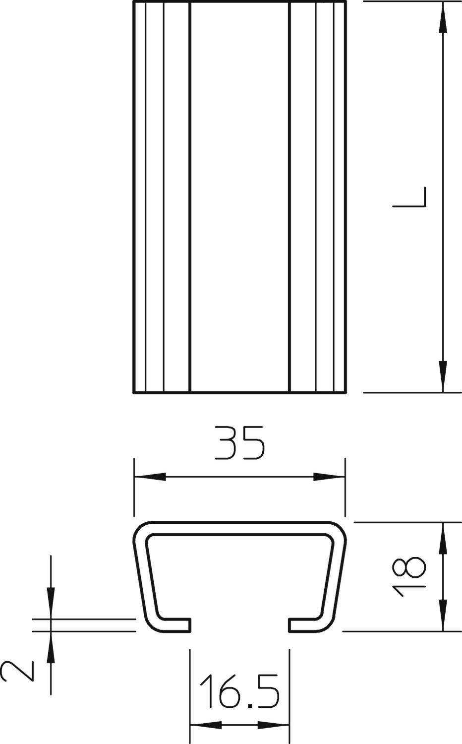 Technische Zeichnung eines Metallprofils mit Maßen: Länge L, Breite 35 mm, Höhe 18 mm, Dicke 2 mm, Innenbreite 16,5 mm.