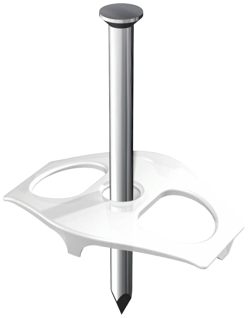 Ein langer, glänzender Nagel steckt durch ein weißes Plastikteil mit zwei Öffnungen, das möglicherweise zur Befestigung dient.