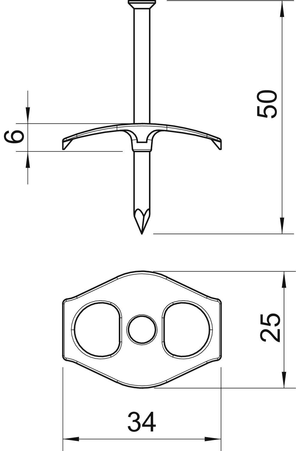 Technische Zeichnung eines Dübels mit Maßen: Länge 50 mm, Breite 34 mm, Höhe 25 mm, Lochdurchmesser 6 mm.