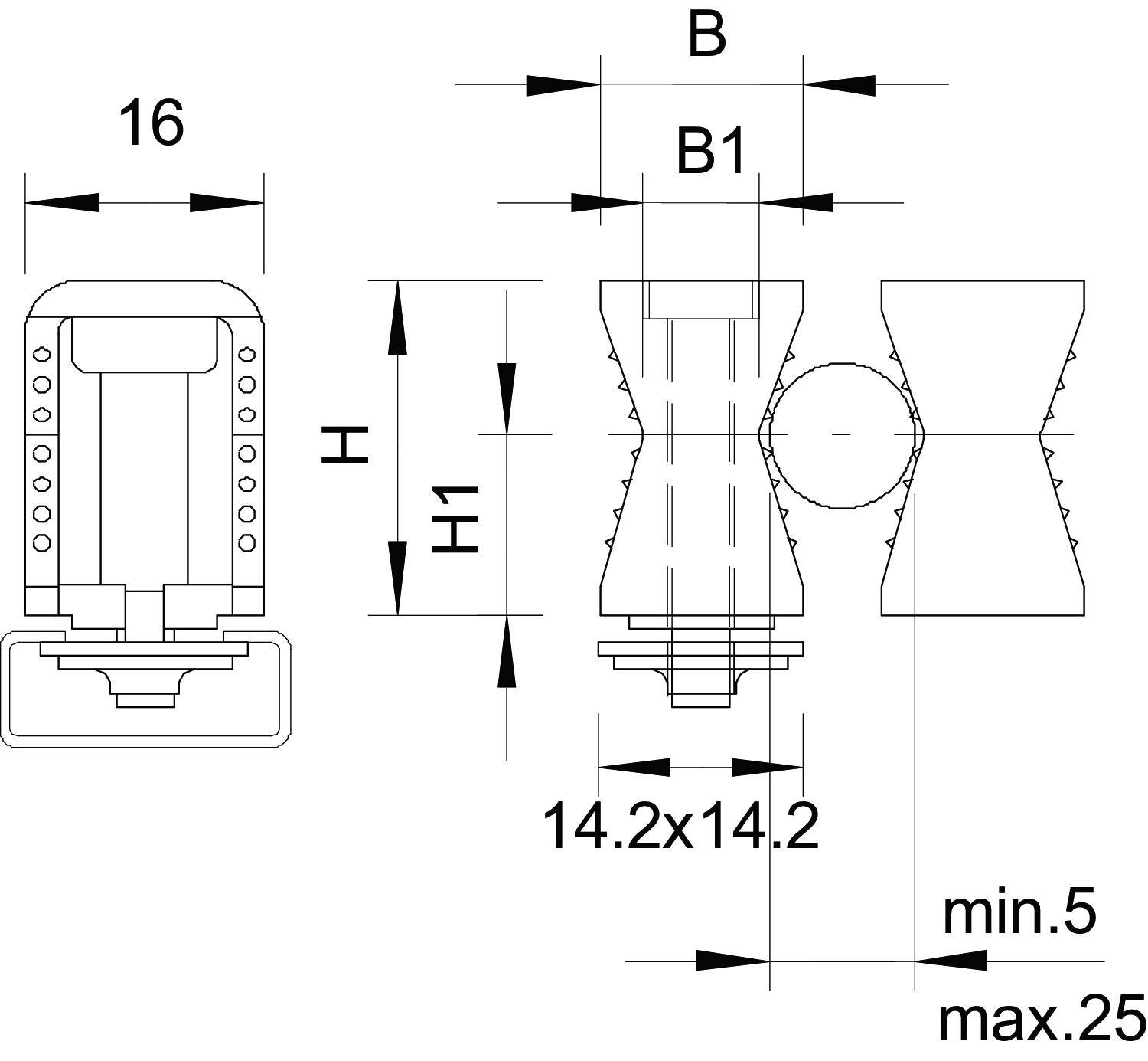 Technische Zeichnung mit Maßen: Breite (B), Breite (B1), Höhe (H), Höhe (H1), Tiefe von 14,2x14,2, sowie minimale (5 mm) und maximale (25 mm) Tiefe.