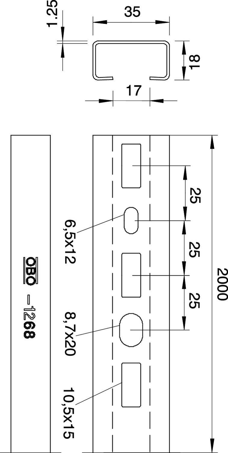 Technische Zeichnung eines rechteckigen Stahlprofils, 35 mm breit, 18 mm hoch, mit Lochabständen von 25 mm, Gesamtlänge 2000 mm.