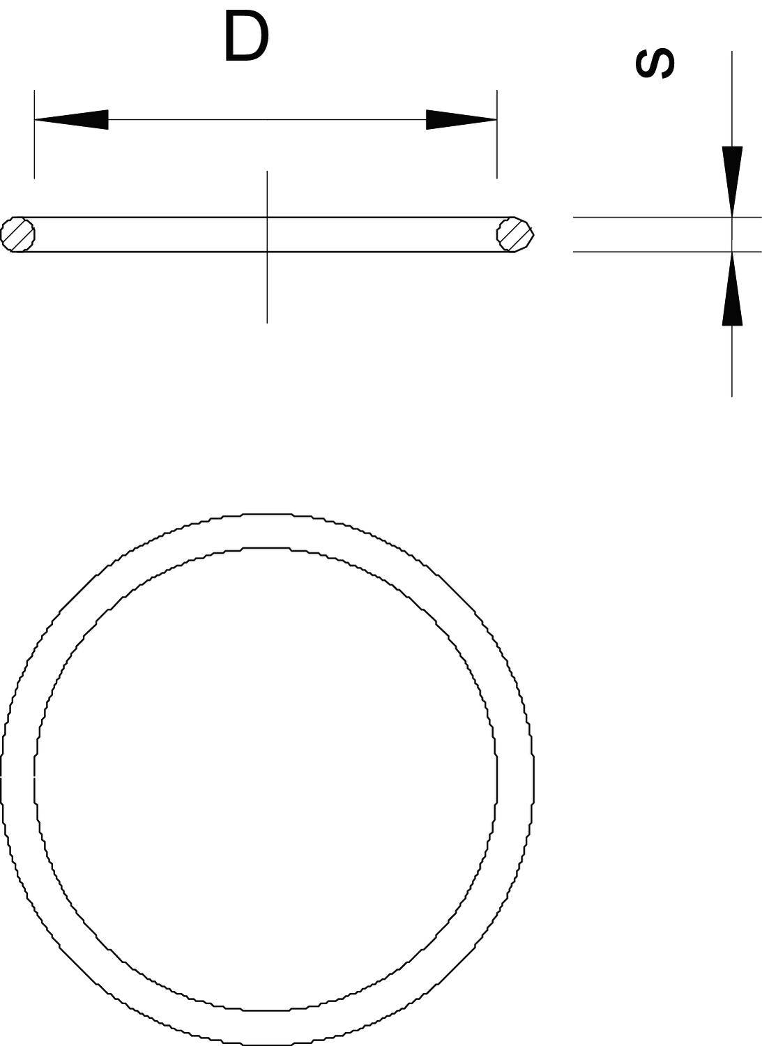 Diagramm von zwei Ansichten eines Rohres: Oben eine Seitenansicht mit der Länge 'D' und Dicke 's', unten eine Draufsicht.