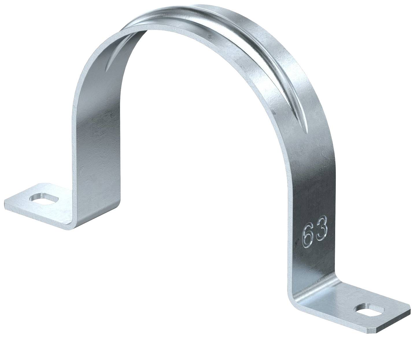 Metallschelle mit zwei Montagebohrungen, gebogene Form, Gravur '63' an der Seite. Geeignet zur Befestigung von Rohren oder Kabeln.