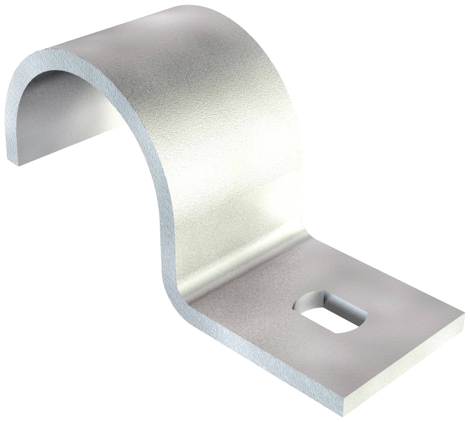 Metallwinkel mit gebogenem Design und rechteckigem Montageloch, verwendet zur Befestigung oder Unterstützung von Strukturen oder Geräten.