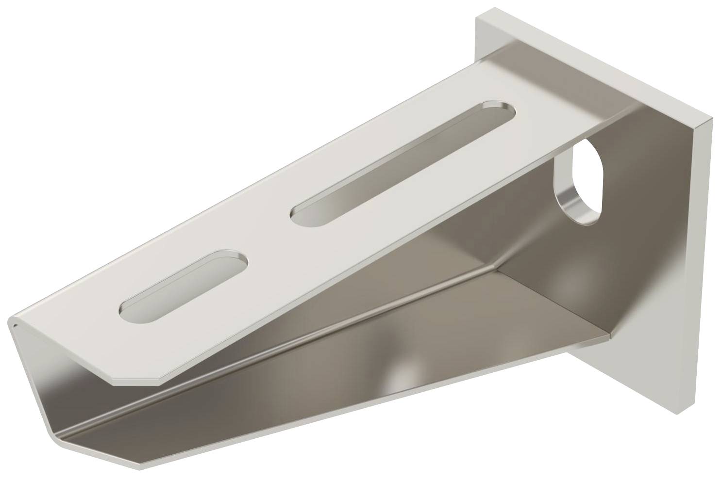 Metallwinkelhalterung mit zwei ovalen Löchern und einem runden Loch für die Befestigung an einer Wand oder anderen Oberfläche.