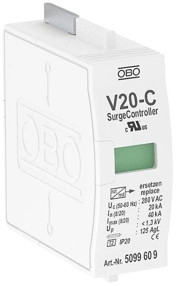 Überspannungsschutzgerät V20-C von OBO Bettermann, rechteckig, weiß mit grünem Einsatz. Text auf Gerät: 'ersetzen', mit technischen Spezifikationen.