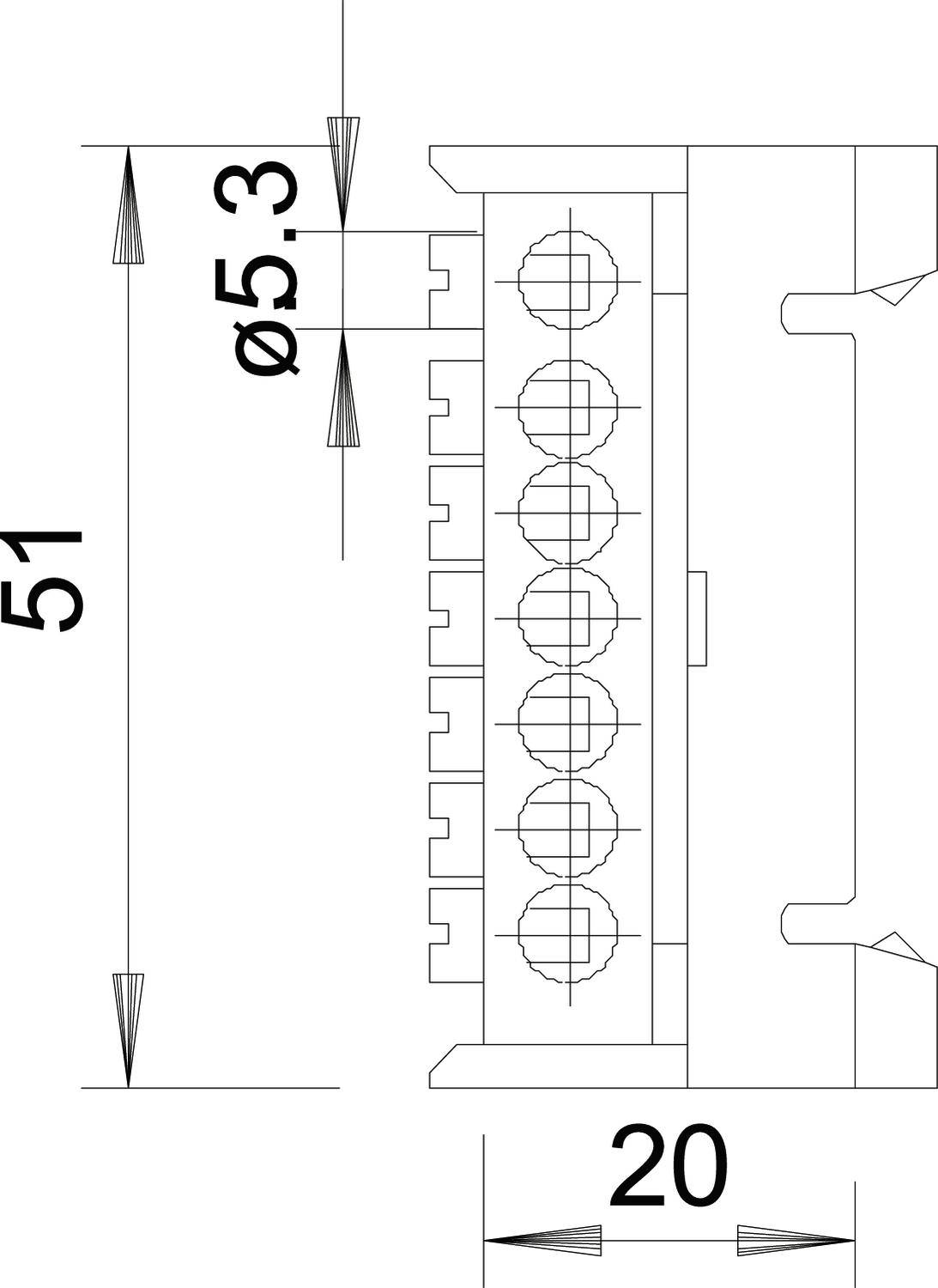 Technische Zeichnung eines elektrischen Steckverbinders mit den Maßen 51 mm Höhe und 20 mm Breite. Durchmesser der Löcher: 5,3 mm.