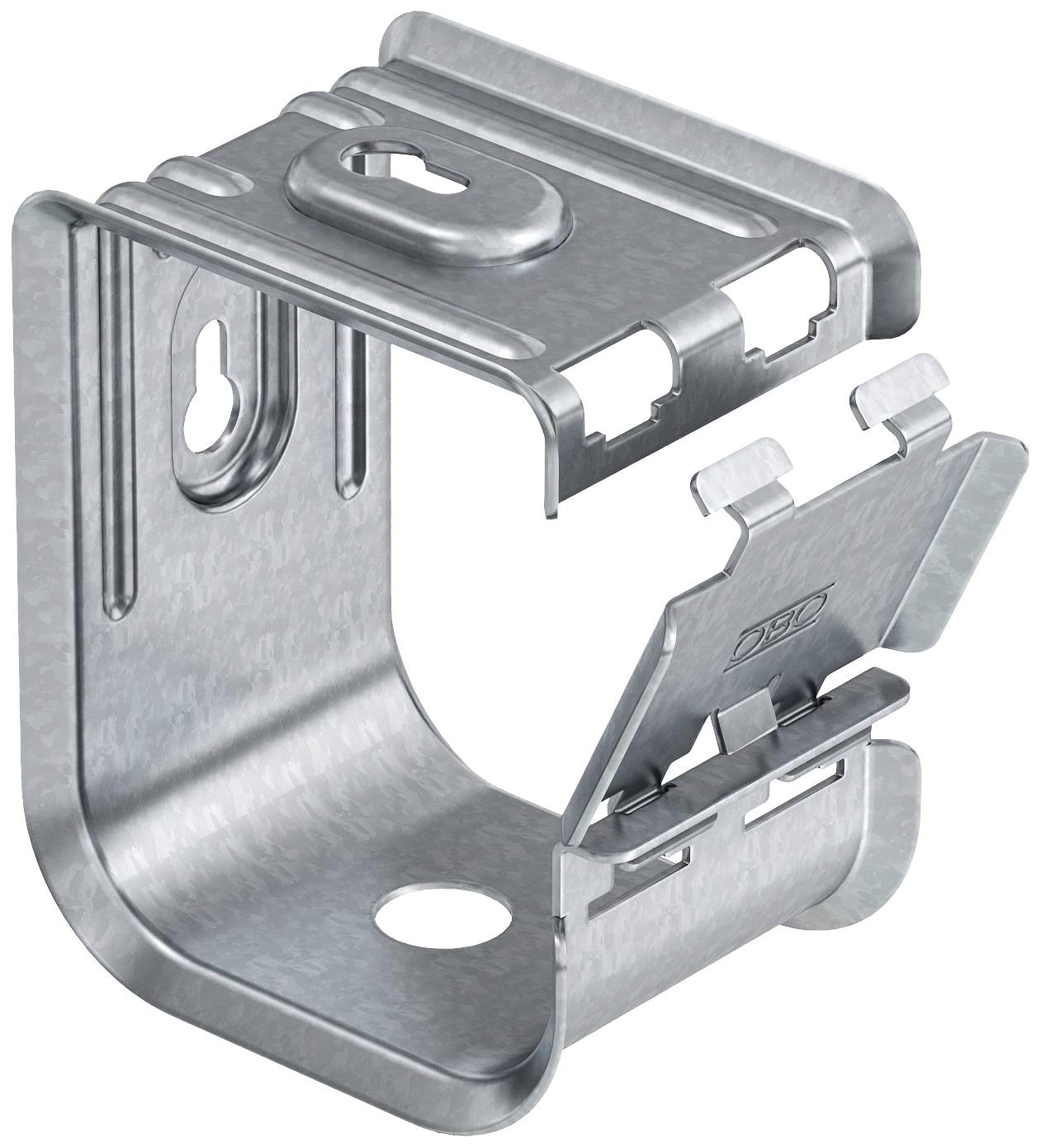 Metallklammer für Kabelmanagement mit abnehmbarer Abdeckung, rechteckigem Design und Befestigungslöchern. Ideal zur Organisation von Kabeln.