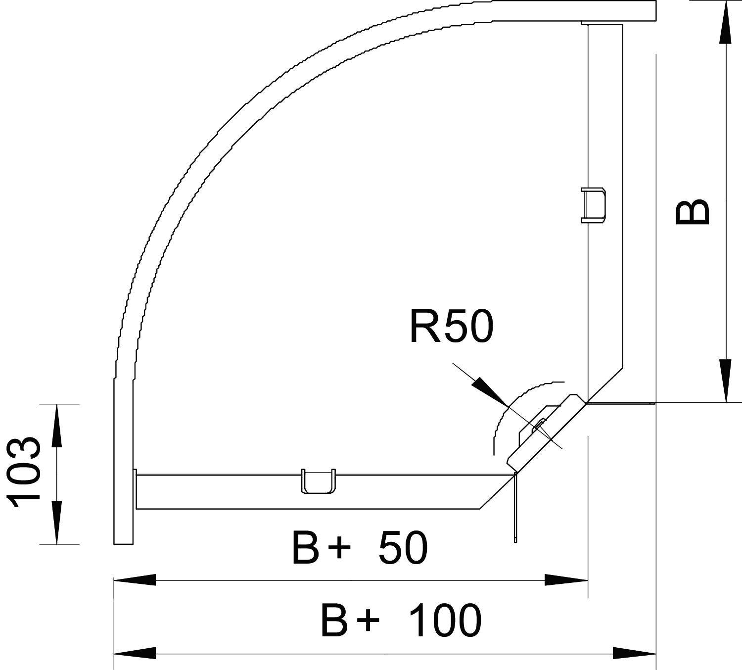 Technische Zeichnung einer gekrümmten Wand mit den Maßen B, B+50 und B+100. Radius der Krümmung: R50. Höhe der Wand: 103.