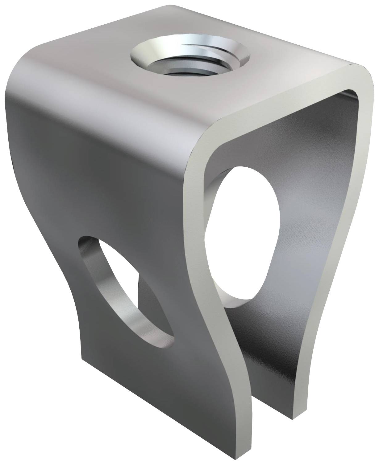 Metallhalterung mit rechteckiger Form, einer großen Bohrung zur Befestigung. Silbernes, glänzendes Finish.