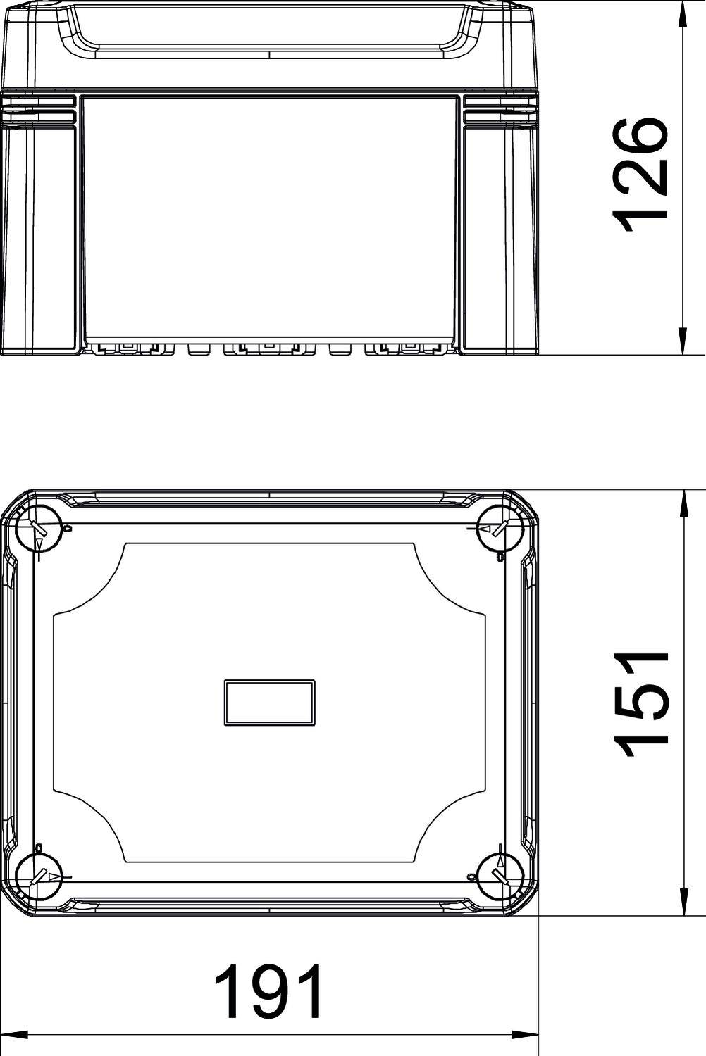 Technische Zeichnung eines rechteckigen Gehäuses mit Deckel. Die Abmessungen sind 126 mm hoch, 151 mm breit und 191 mm lang.