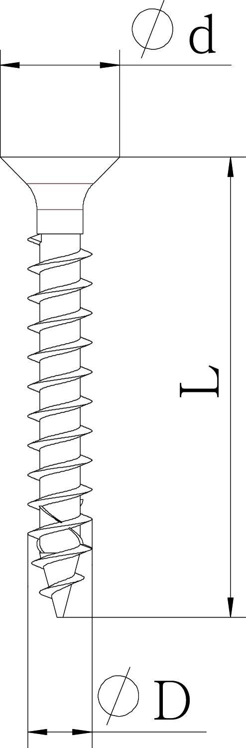 Technische Zeichnung einer Schraube mit Maßen: Länge (L), Durchmesser (d) des Schafts, und Durchmesser (D) des Kopfes.