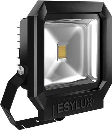 LED-Wandstrahler in einem schwarzen Gehäuse mit Halterung, markiert mit 'ESYLUX'. Geeignet für Außenbeleuchtung.