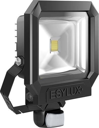 Ein rechteckiger LED-Strahler mit Bewegungssensor, montiert auf einem verstellbaren Halter. An der Vorderseite steht 'ESYLUX'.