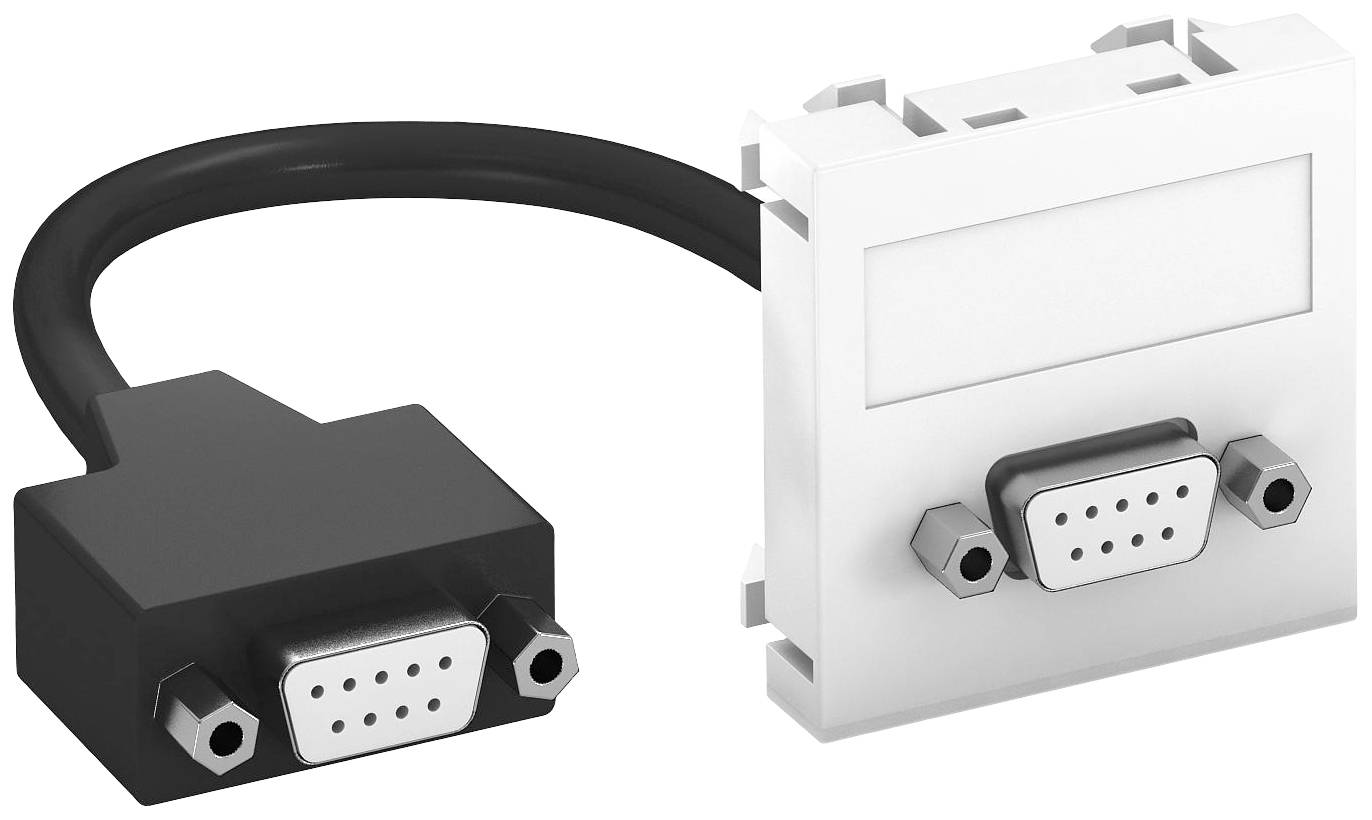 Ein schwarzes VGA-Kabel, verbunden mit einer weißen Wandbuchse. Beide Enden haben einen D-Sub-Stecker mit drei Reihen von Anschlüssen.