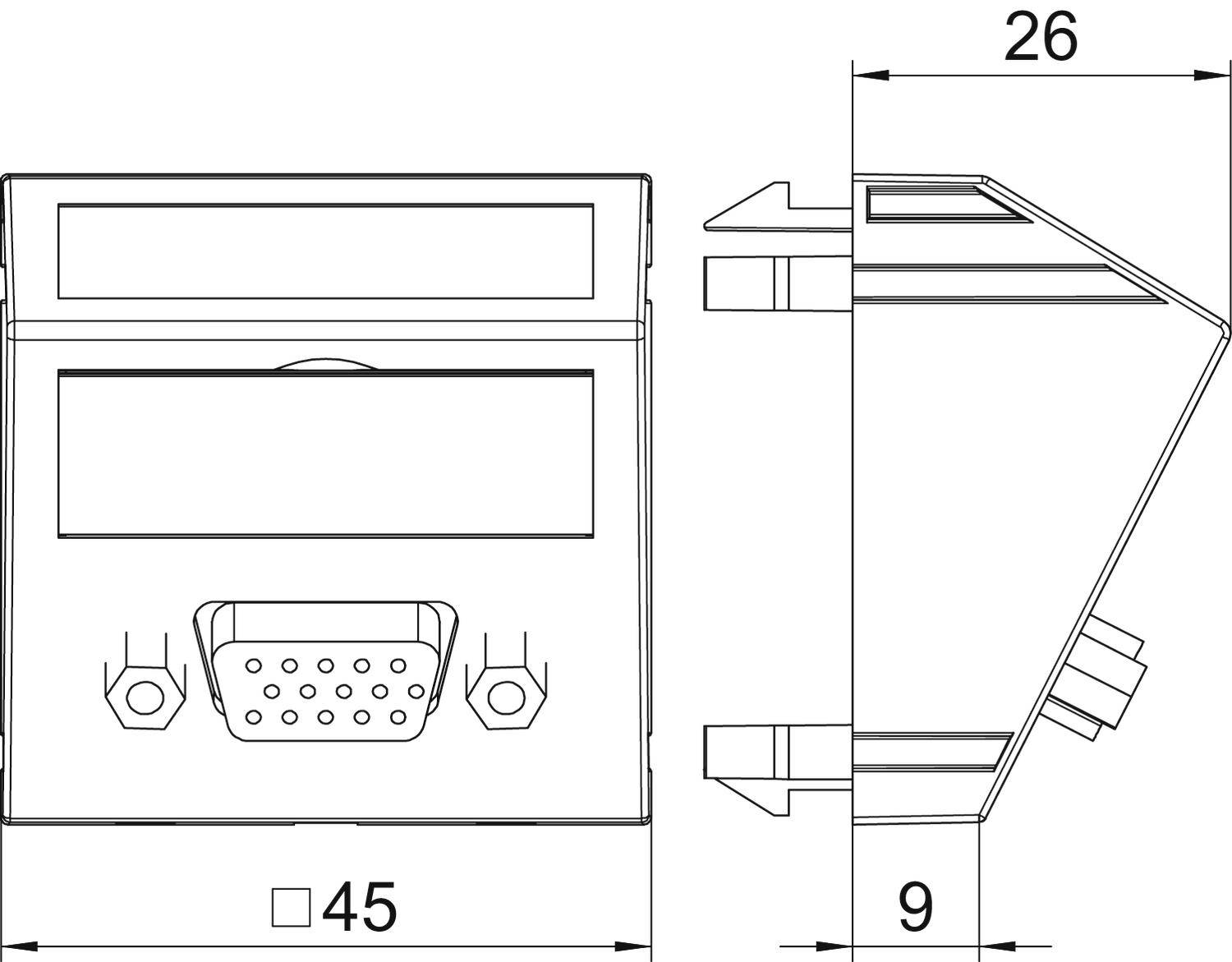 Technische Zeichnung eines rechteckigen Steckverbinders in Frontal- und Seitenansicht mit den Maßen: Breite 45 mm, Tiefe 9 mm, Höhe 26 mm.