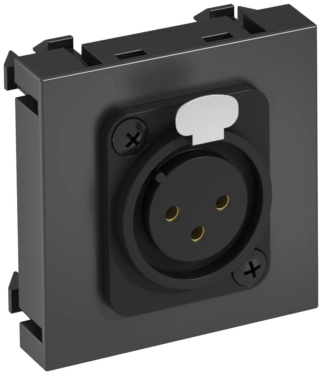 Schwarze, rechteckige Elektrosteckdose mit drei runden Löchern für Stifte, seitliche Schraubbefestigungen sichtbar.