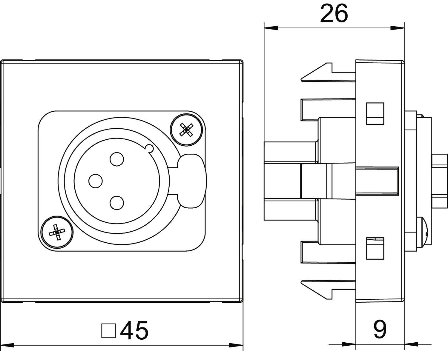 Technische Zeichnung einer Steckdose mit den Maßen 45 x 45 mm und 26 mm Tiefe. Zeigt Vorder- und Seitenansicht mit Details zur Verdrahtung.