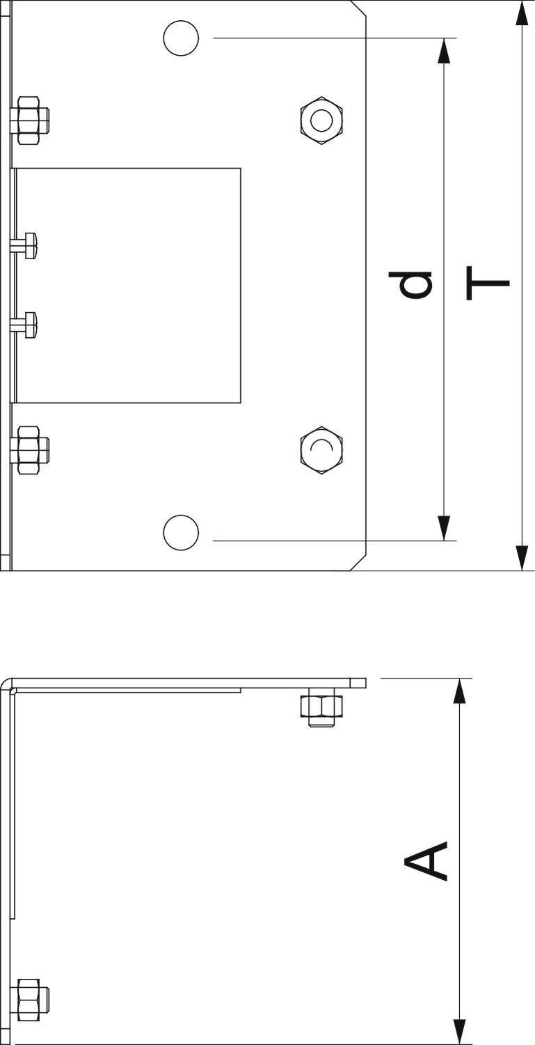 Technische Zeichnung eines rechteckigen Metallteils mit Bolzenlöchern, Abmessungen mit 'T', 'd' und 'A' markiert, Seiten- und Draufsicht.