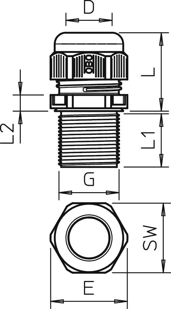 Technische Zeichnung einer Kabelverschraubung mit Maßen: D, L, L1, L2, G, E, SW. Darstellung von Vorder- und Seitenansicht.