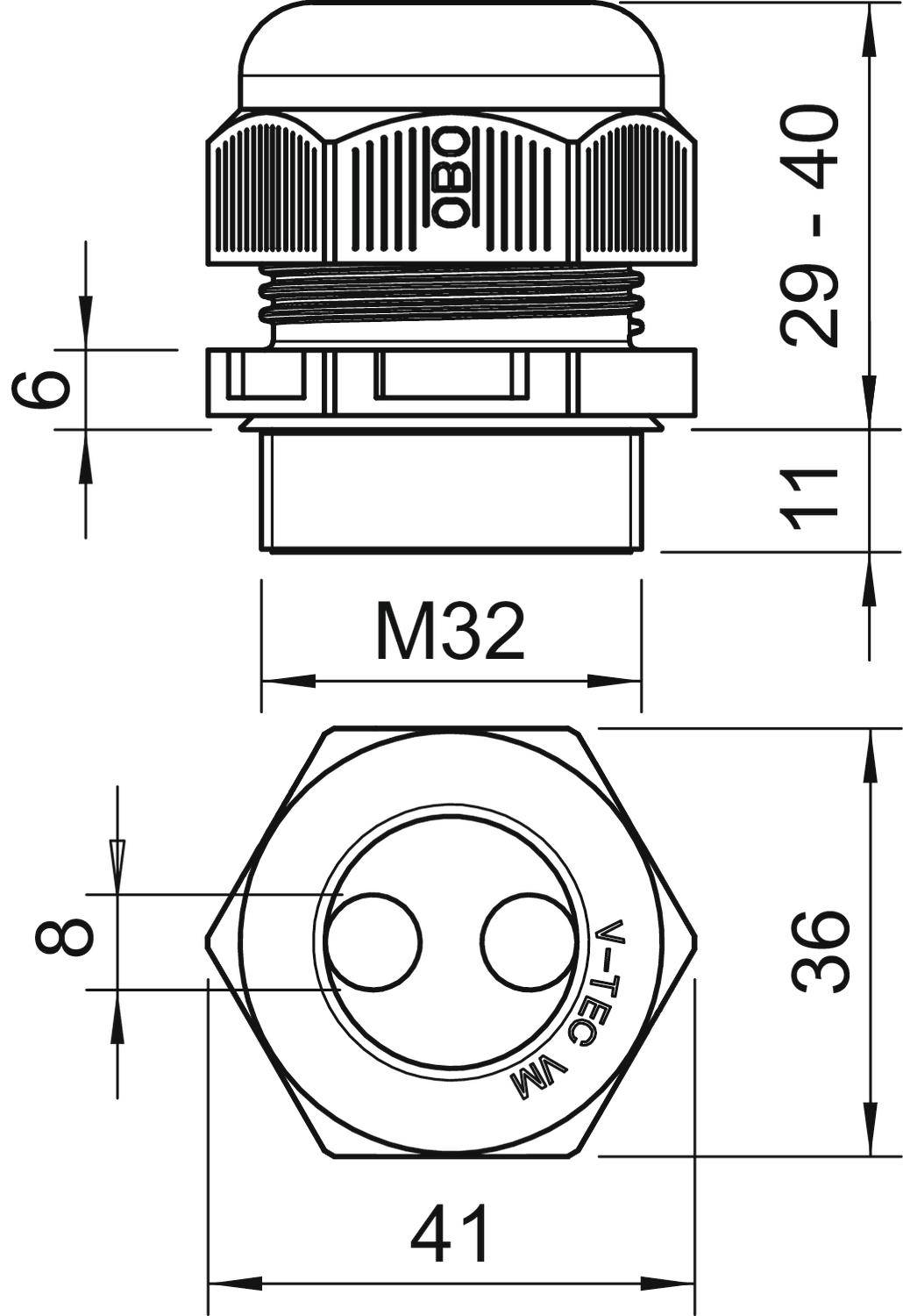 Technische Zeichnung einer Kabelverschraubung mit Maßen; M32 Gewinde, Höhe 41 mm, Sechskant 36 mm. Draufsicht und Seitenansicht.