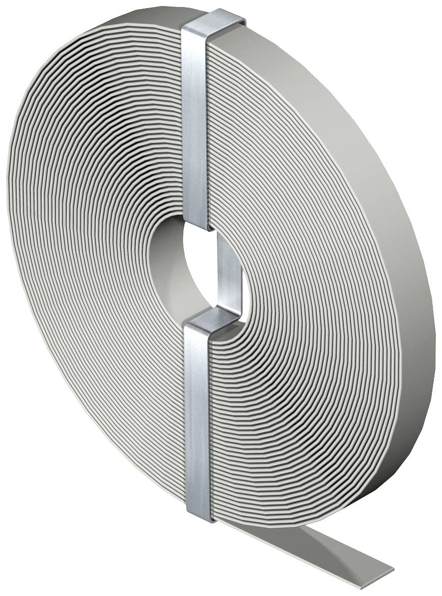 Eine große Rolle mit grauem, spiralgewickeltem Material und einer Metallclipsicherung.