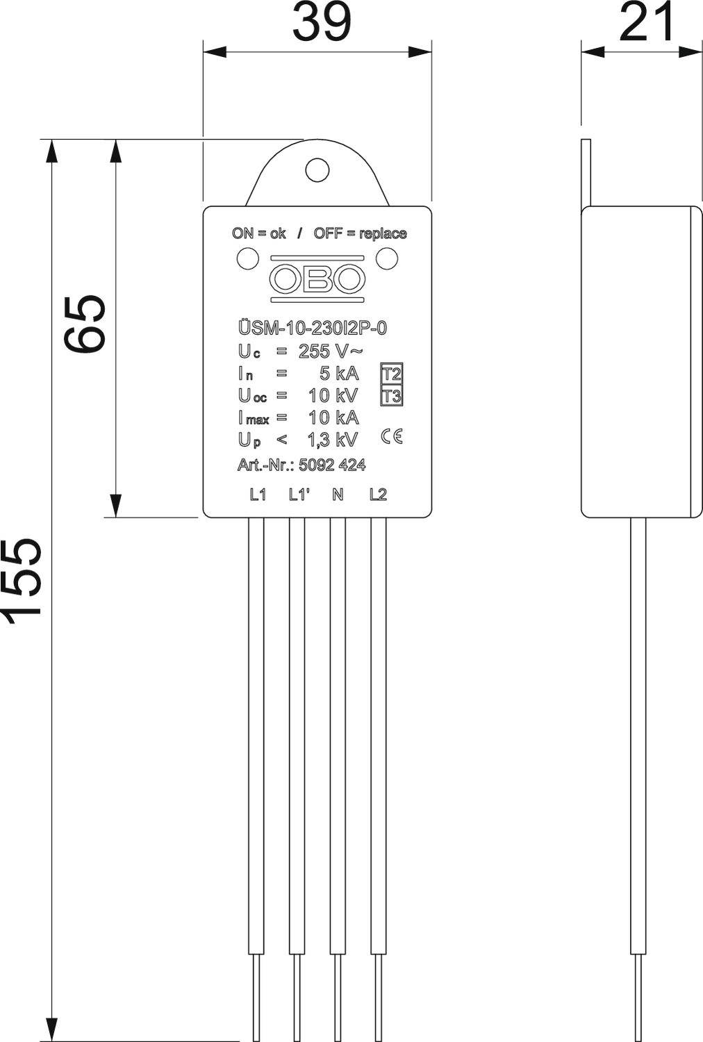OBO Bettermann 5092424 ÜSM-10-230I2P-0 Überspannungsschutz-Modul 5 kA 1St.