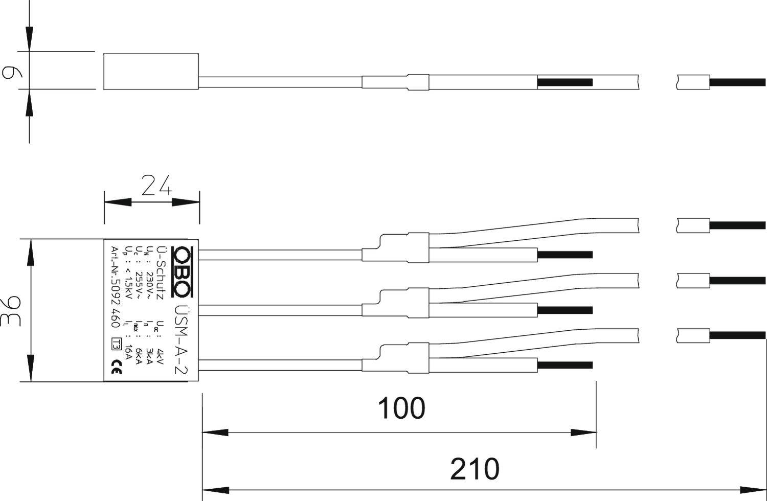 Diagramm des OBO USM-A 4.2 Blitzstromableiters mit technischen Spezifikationen. Maße: 210 mm Gesamt, 100 mm Modul, 24 mm Gehäusehöhe.