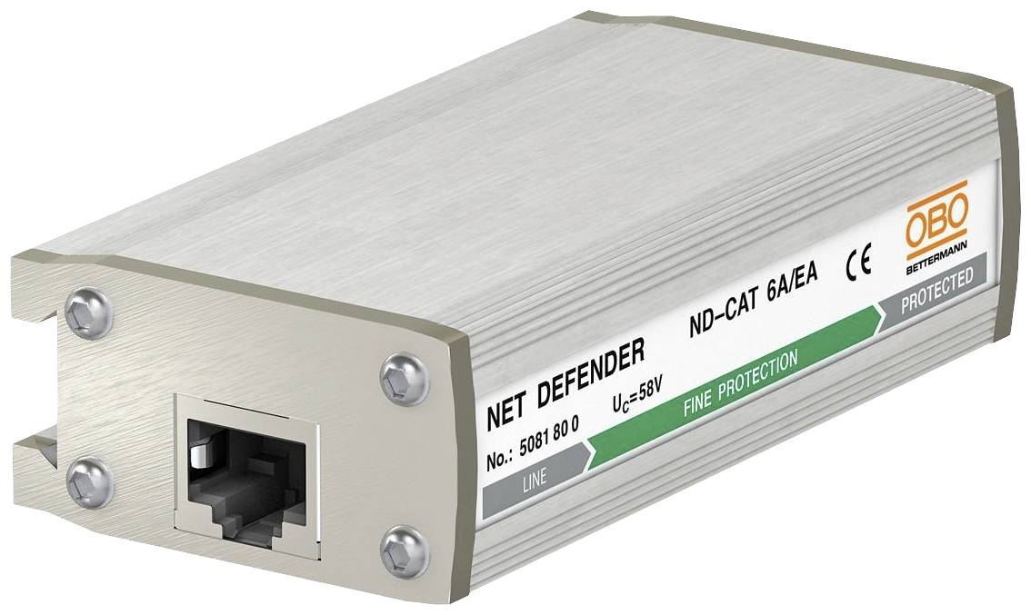 Silberner Netzwerkschutzgerät 'NET DEFENDER' von OBO Bettermann. Mit RJ45-Anschluss, gekennzeichnet zur Fein- und Geräteschutzanwendung.