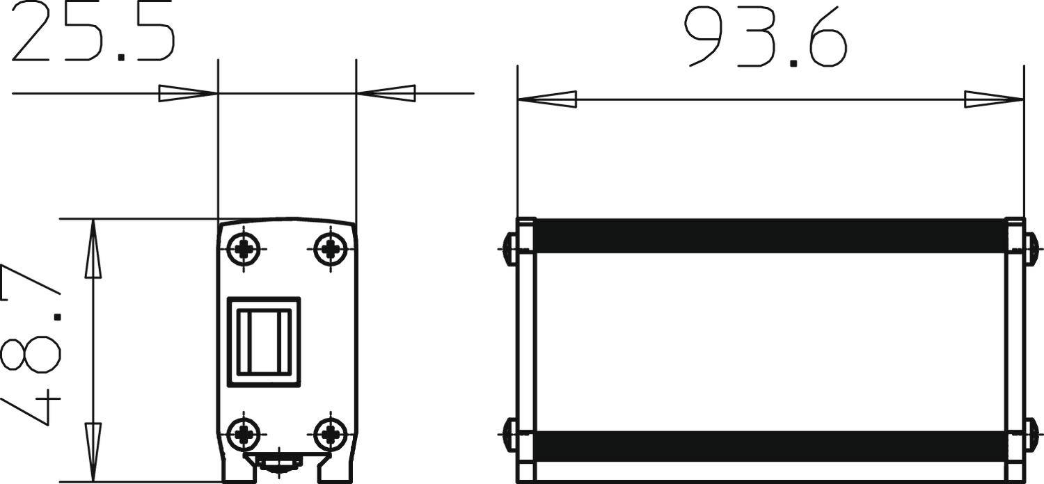 Technische Zeichnung eines rechteckigen Bauteils mit Abmessungen: Breite 25,5 mm, Höhe 48,7 mm, Länge 93,6 mm.