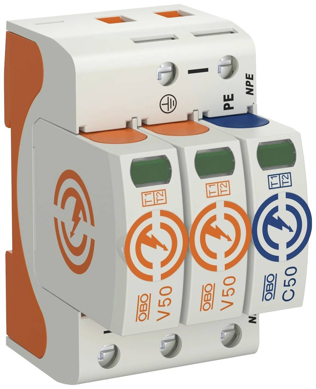 Überspannungsschutzgerät mit drei Phasenmodulen, gekennzeichnet mit 'V50' und 'C50', zur Absicherung von elektrischen Anlagen.