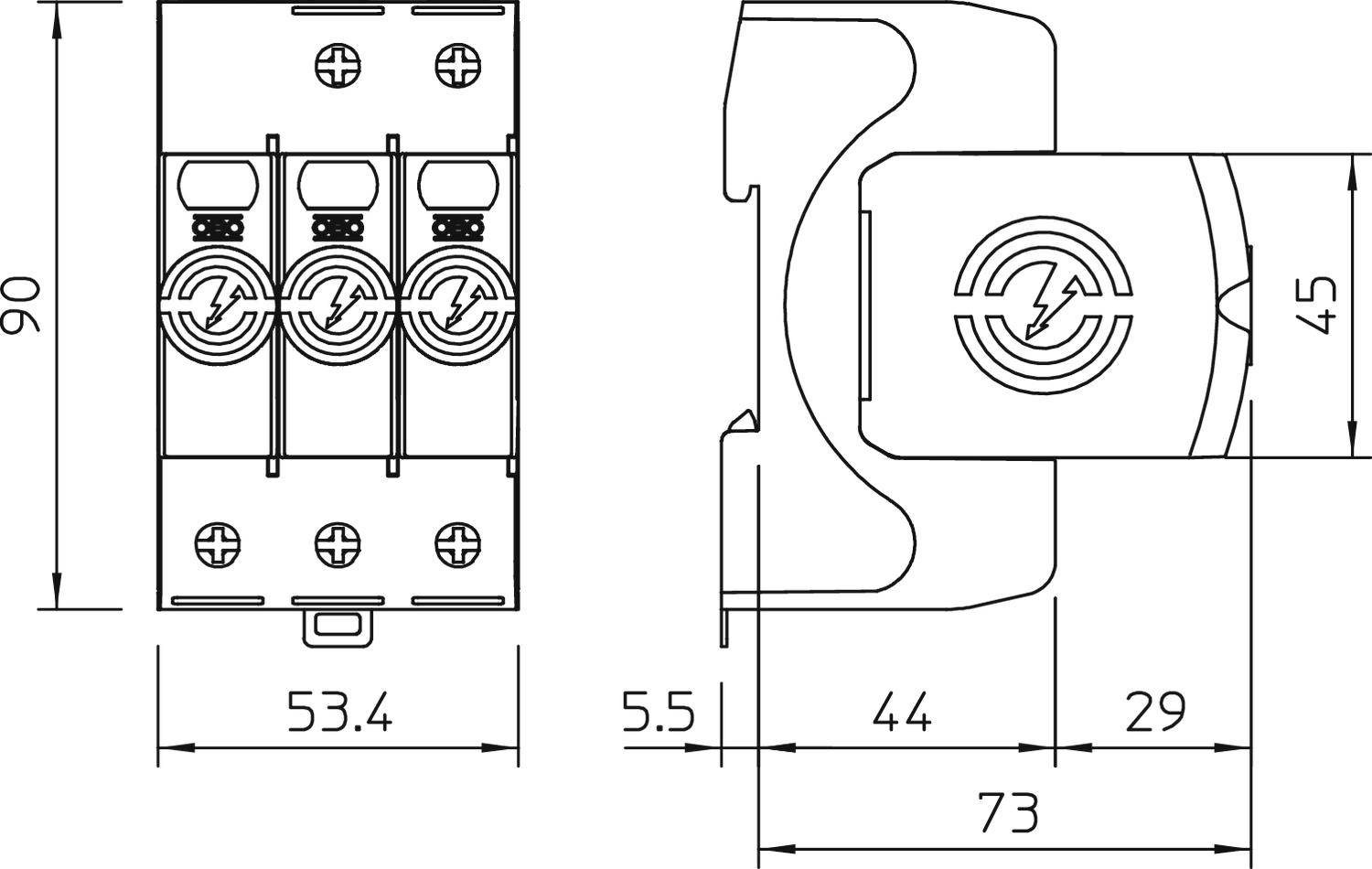 Technische Zeichnung einer elektrischen Komponente mit Maßen: 90mm hoch, 73mm breit. Zeigt Front- und Seitenansicht mit detaillierten Maßen.