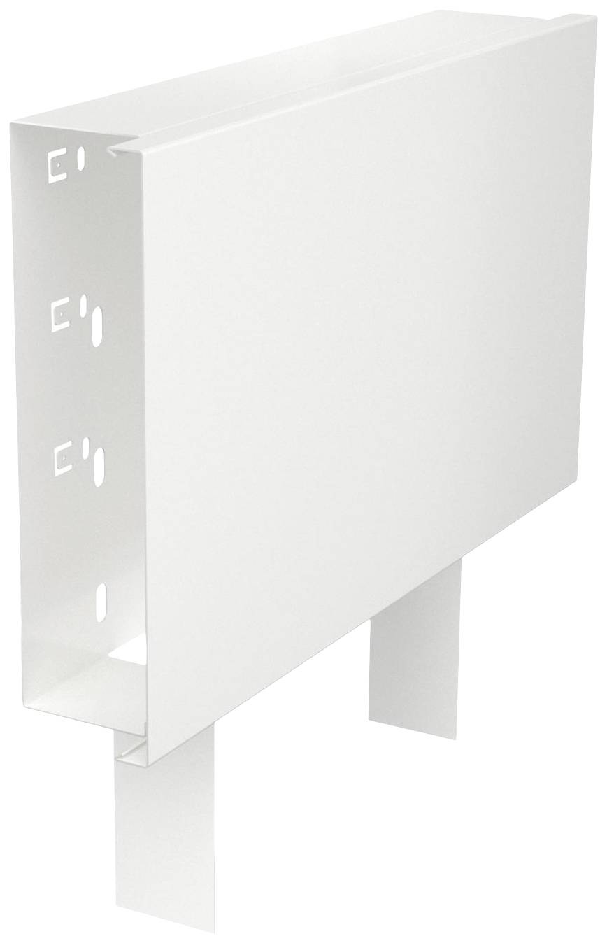 Ein weißer, rechteckiger Metallkasten mit schmalem Schlitz an der Oberseite und Befestigungselementen an einer Seite.