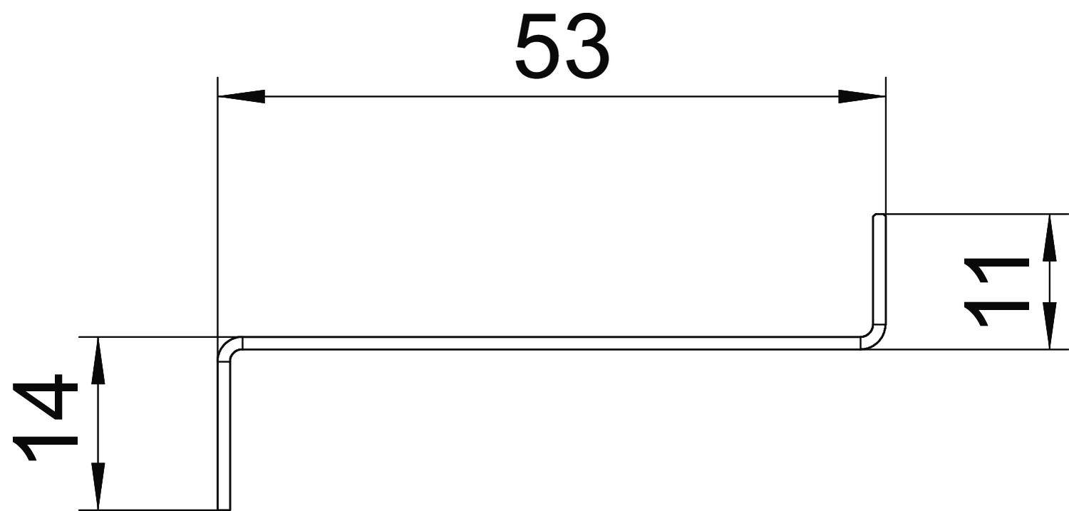 Technische Zeichnung eines Profils mit einer Breite von 53 mm und einer Gesamthöhe von 25 mm, bestehend aus Abschnitten von 14 mm und 11 mm.