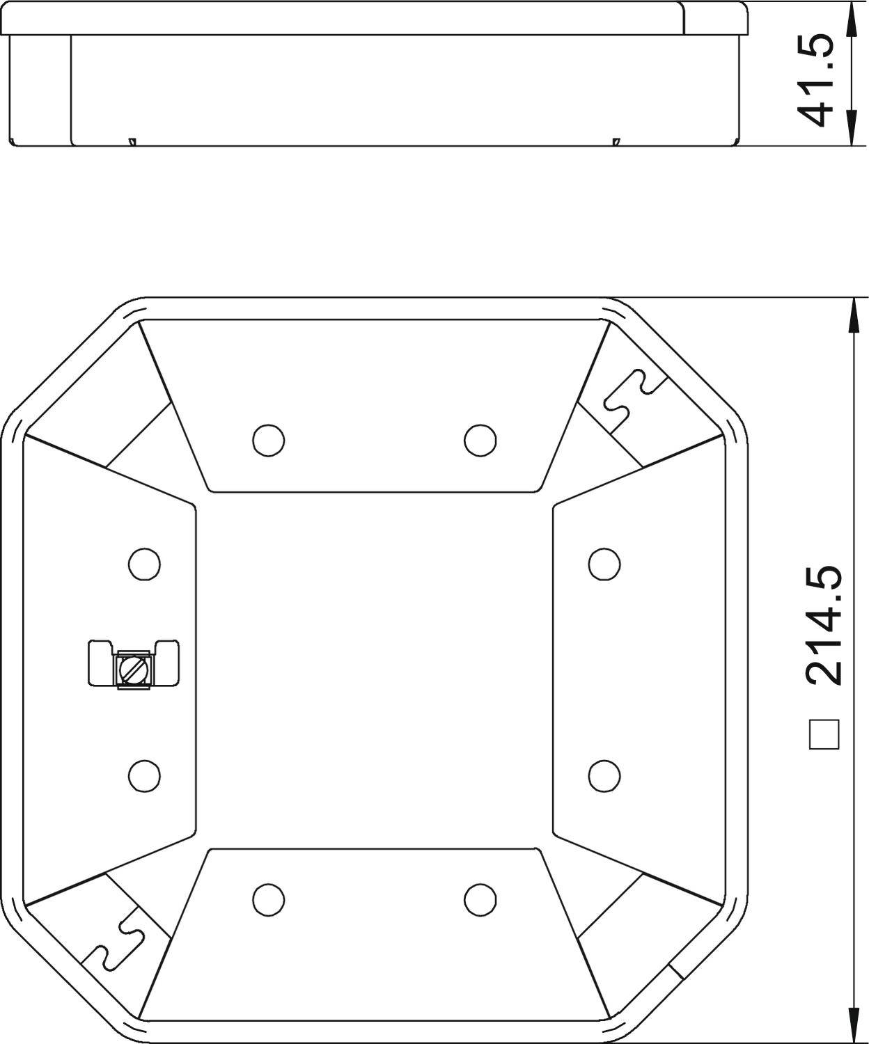 Technische Zeichnung eines rechteckigen Gehäuses mit oberen und seitlichen Ansichten; Maße angegeben: Höhe 41,5 mm, Breite 214,5 mm.