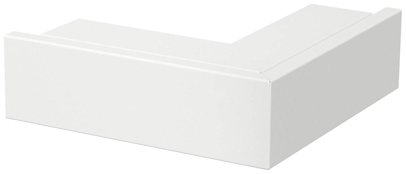 Ein weißes, rechteckiges Möbelstück in L-Form, das als Eckabdeckung für Wandmontagen dient. Geeignet für saubere Kabelverläufe.