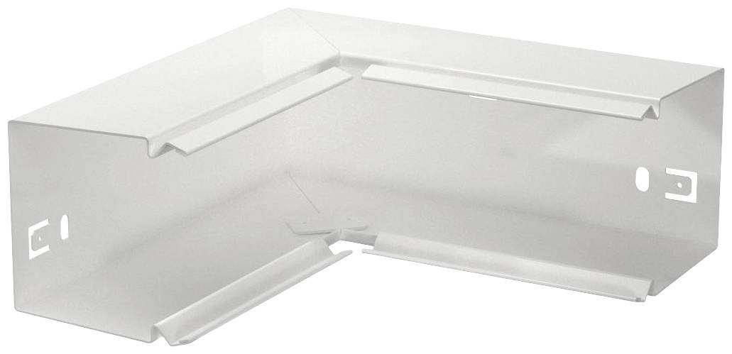 Weißes Metallstück in L-Form mit abgerundeten Ecken und Öffnungen an den Enden, möglicherweise Teil eines größeren Befestigungssystems.