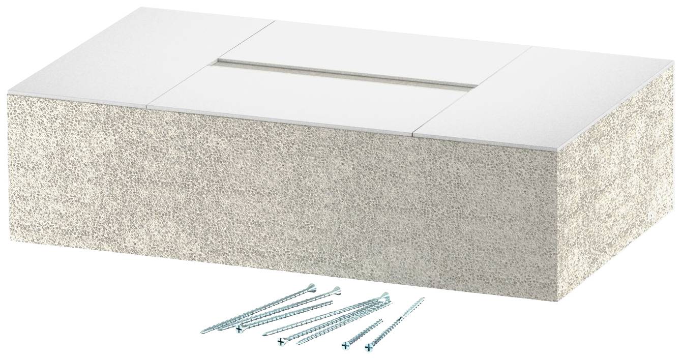 Ein rechteckiger Kasten aus weißem Material mit rauer Oberfläche steht auf einem Tisch. Vor dem Kasten liegen mehrere silberne Schrauben.