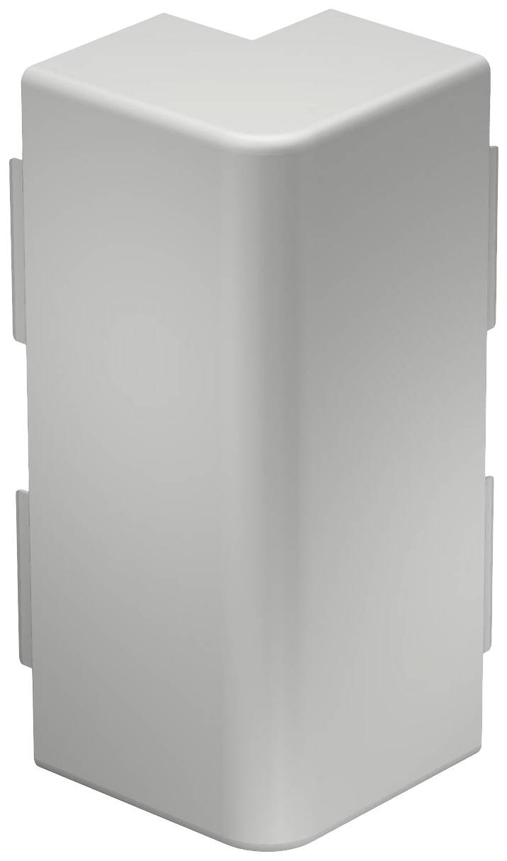 Eine weiße, rechteckige Kunststoff-Eckverbindung mit abgerundeten Kanten, die für den Anschluss von Kabelkanälen verwendet wird.