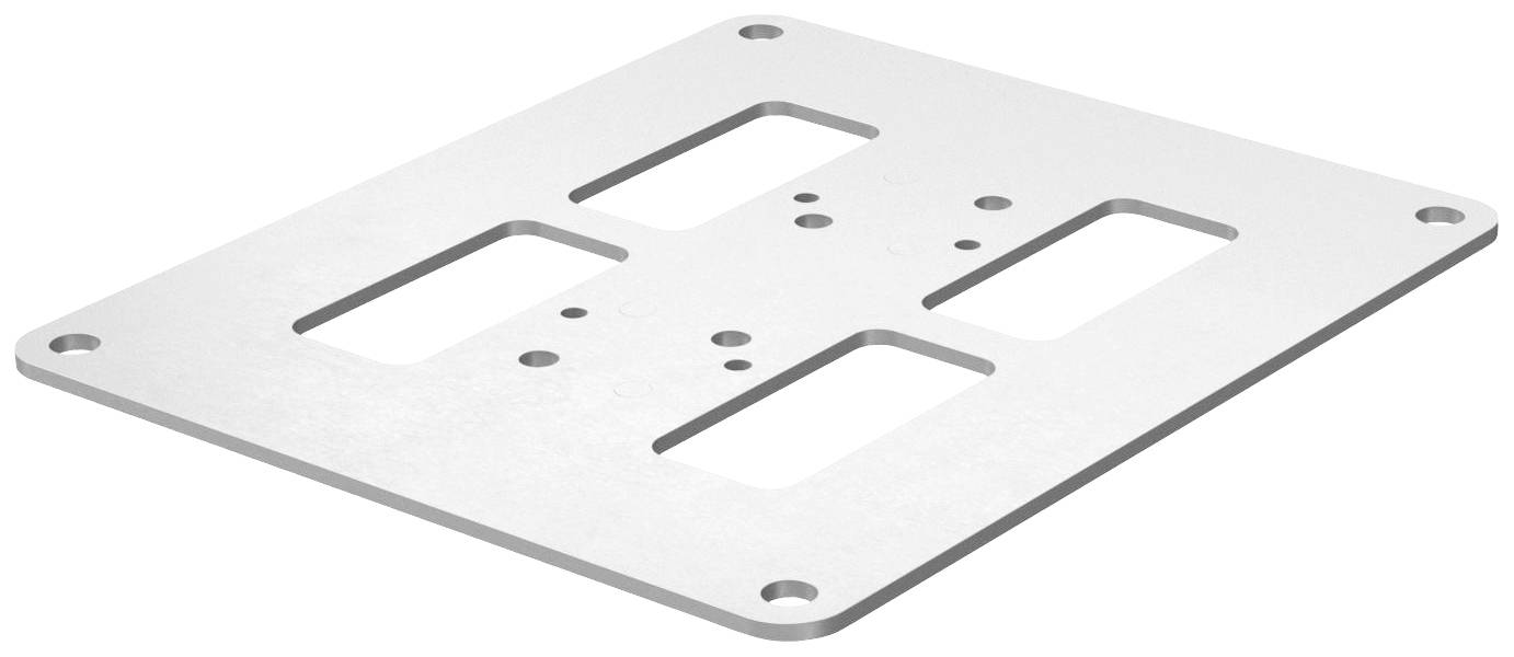 Aluminium-Befestigungsplatte mit mehreren rechteckigen und runden Aussparungen, geeignet für mechanische Montagen.