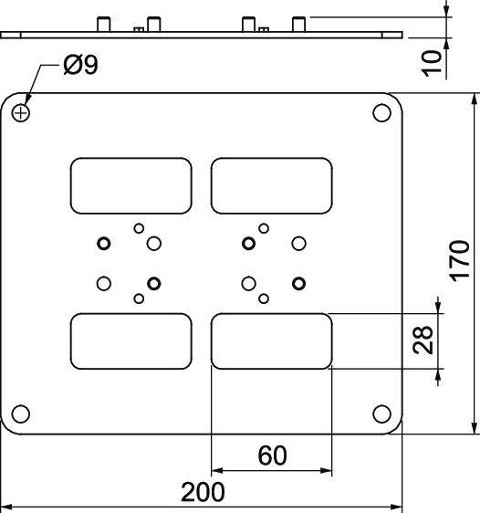 Technische Zeichnung einer rechteckigen Montageplatte mit Abmessungen: 200x170 mm. Lochdurchmesser: ø9 mm. Lochmuster und Anordnung sichtbar.