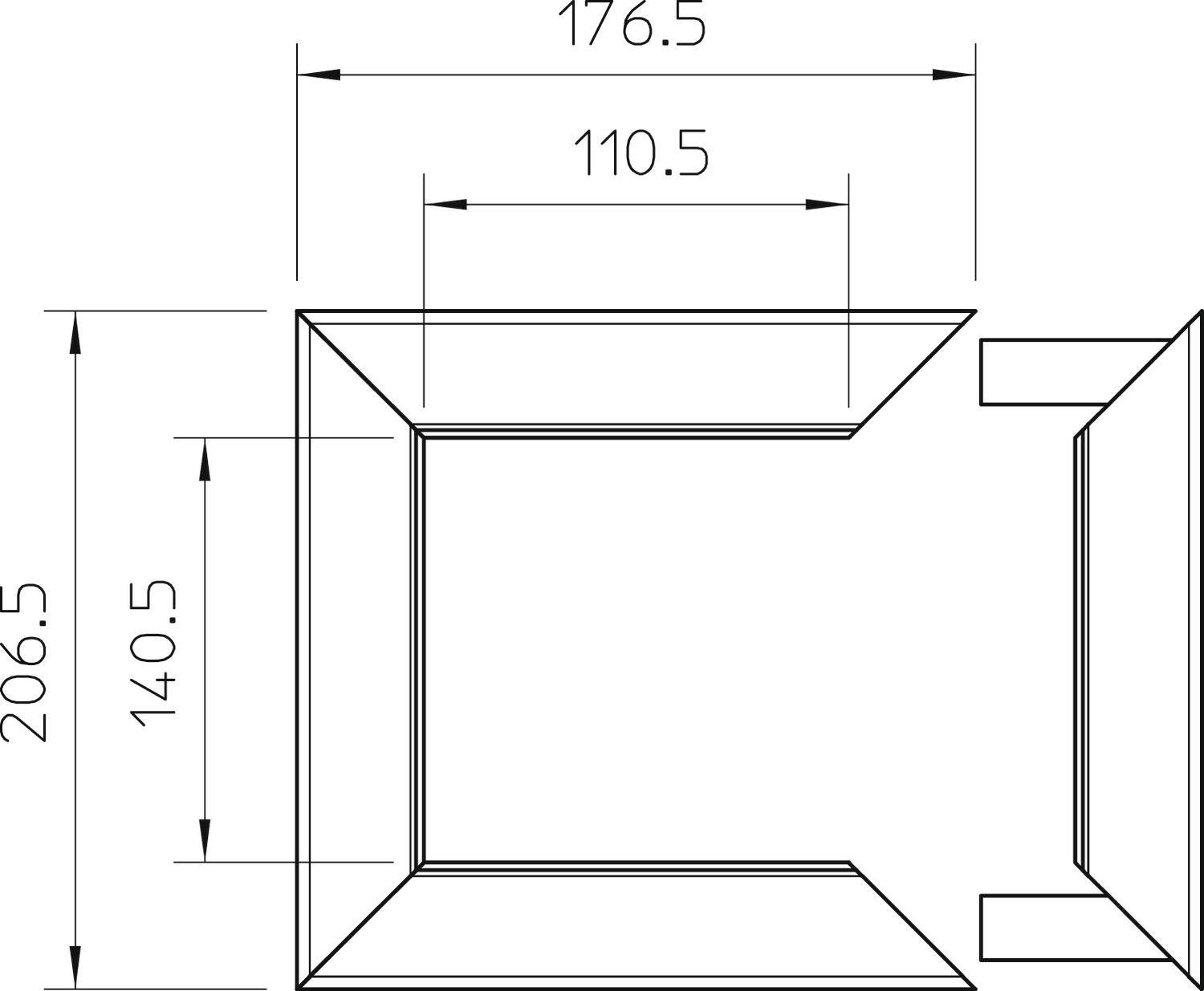 Technische Zeichnung eines rechteckigen Rahmens mit den Maßen 176,5 x 206,5 mm und einem Innenmaß von 110,5 x 140,5 mm.