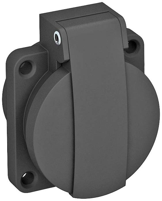 Eine schwarze Kunststoff-Wandhalterung mit abnehmbarer Abdeckung, verwendet für elektrische Steckverbindungen im Außenbereich.