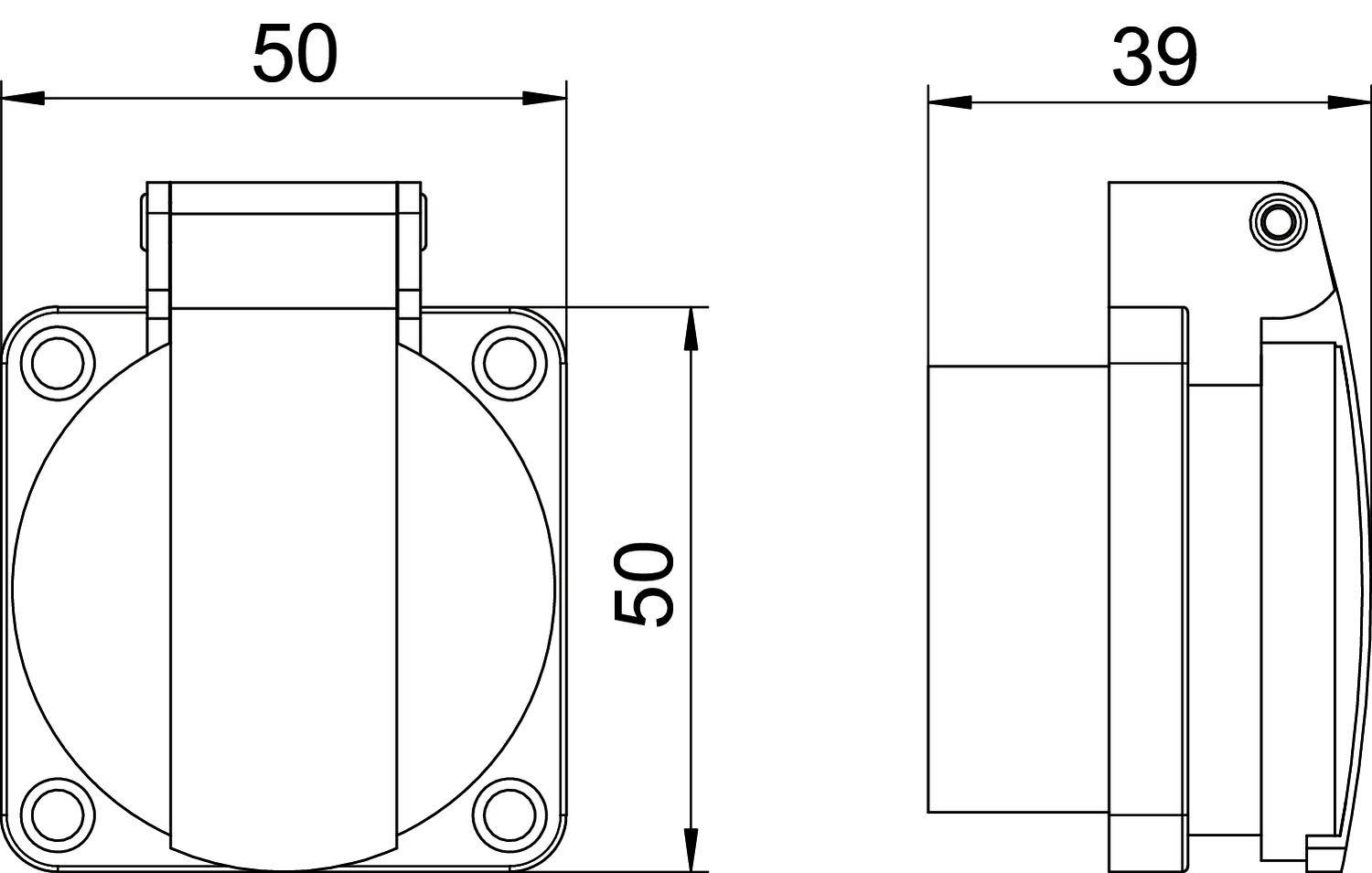 Technische Zeichnung einer quadratischen Komponente mit Abmessungen: 50x50 mm in der Frontansicht, 39 mm Tiefe in der Seitenansicht.