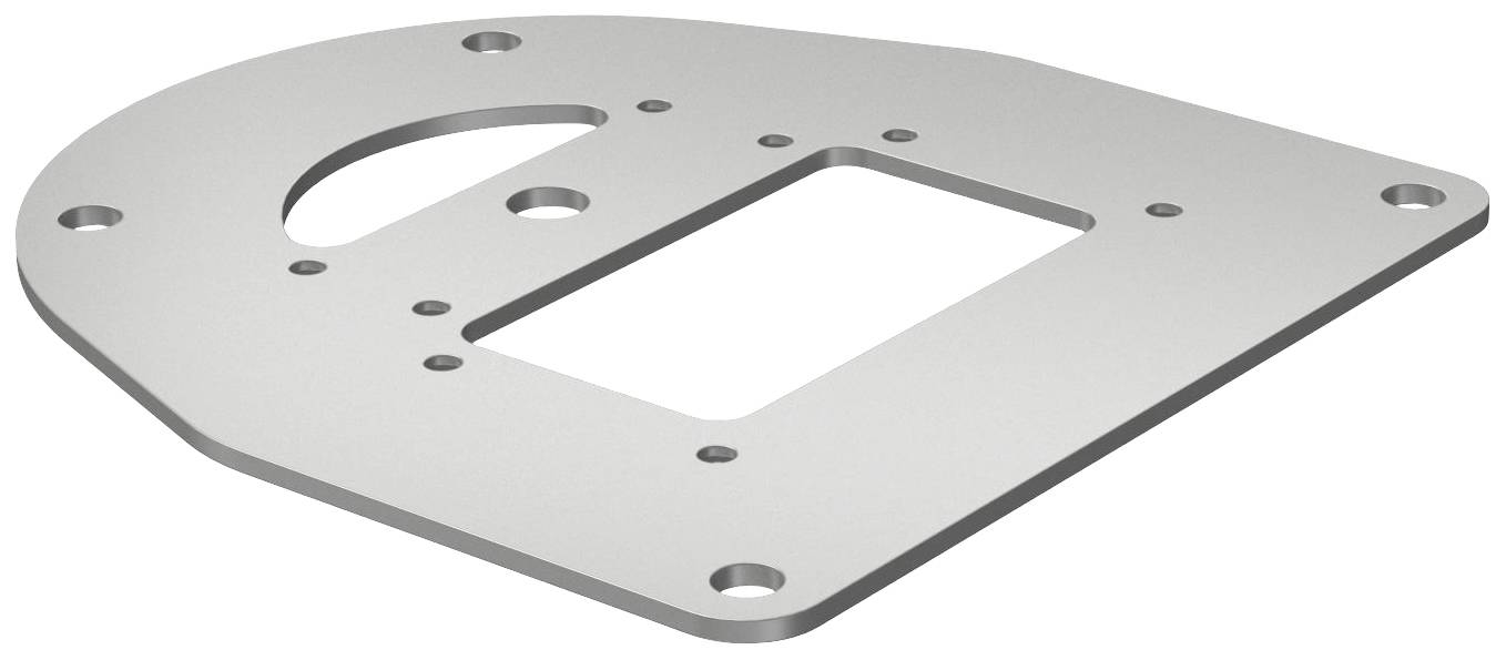 Eine flache, rechteckige Metallplatte mit mehreren Löchern und Ausschnitten; möglicherweise ein Maschinenteil oder Adapter.