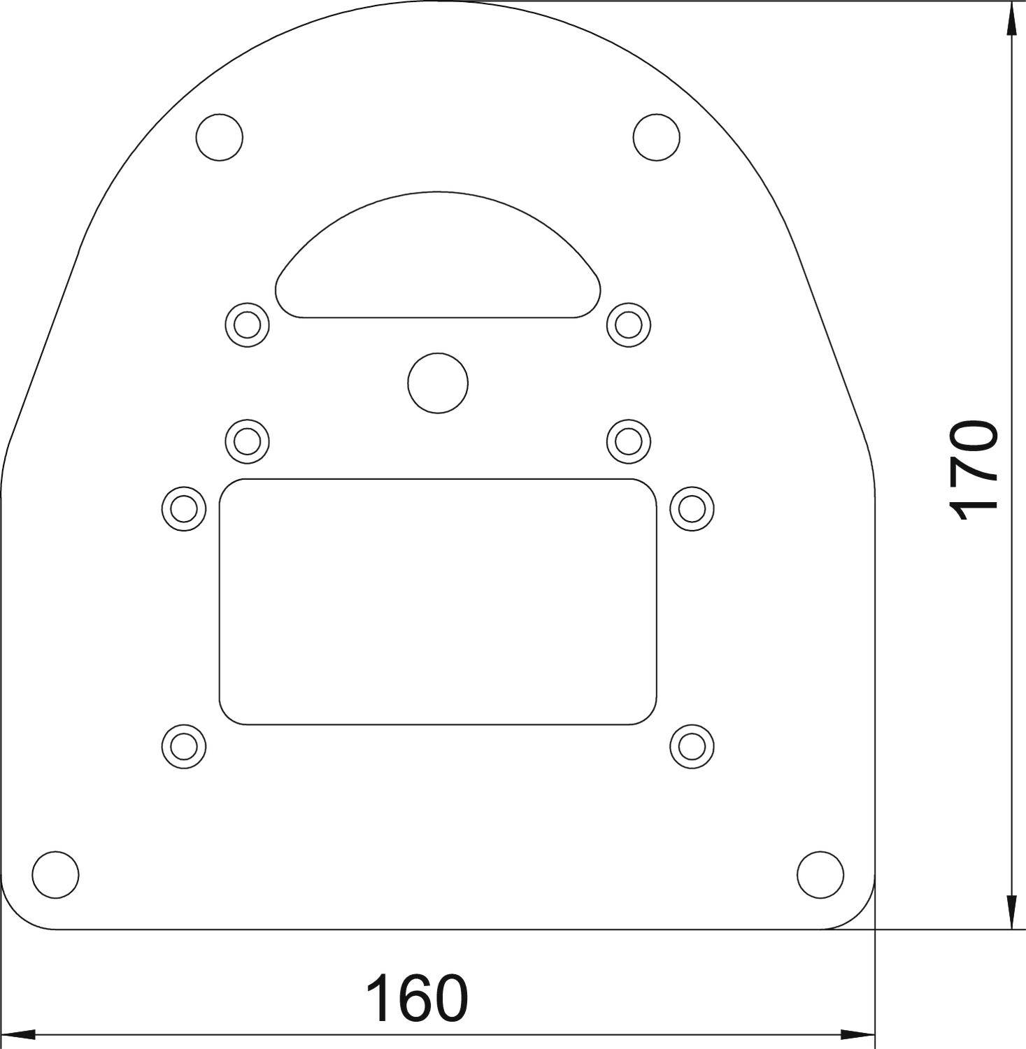 Metallschablone mit mehreren Bohrungen, rechteckige und kreisförmige Aussparungen. Maße: 160 mm Breite, 170 mm Höhe.