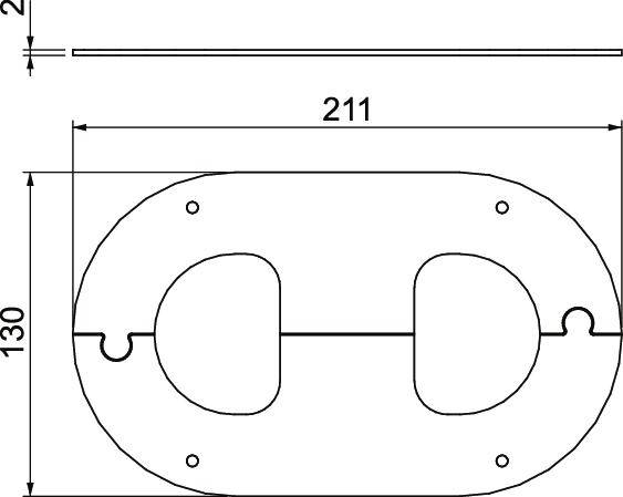 Technische Zeichnung eines ovalen Metallteils mit zwei Aussparungen, fünf Befestigungslöchern, Maßen von 211 mm Breite und 130 mm Höhe.