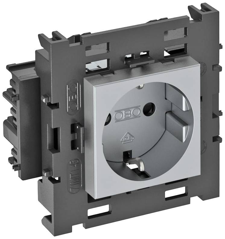 Eine quadratische, graue Wandsteckdose mit Schutzkontakt und Einbaurahmen. Ideal für verdeckte Elektroinstallationen.