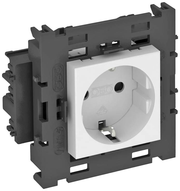 Schuko-Steckdose mit rechteckigem Rahmen, entworfen für Wandmontage, zum Anschluss elektrischer Geräte in Haushalten und Büros.