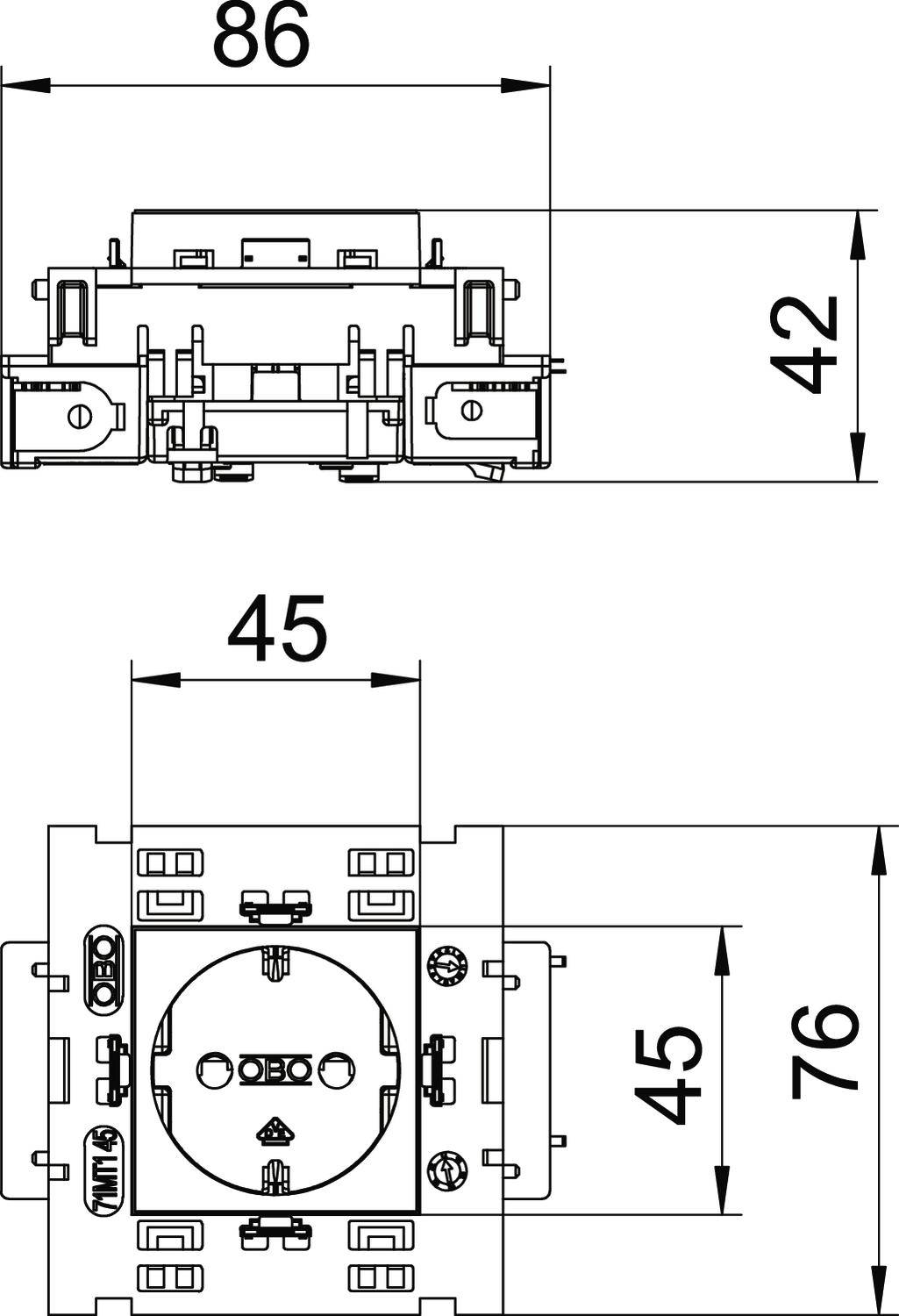 Technische Zeichnung einer Steckdose mit Abmessungen: Breite 86 mm, Höhe 42 mm, Tiefe 45 mm, und zusätzlicher Maßabmessung 76 mm.